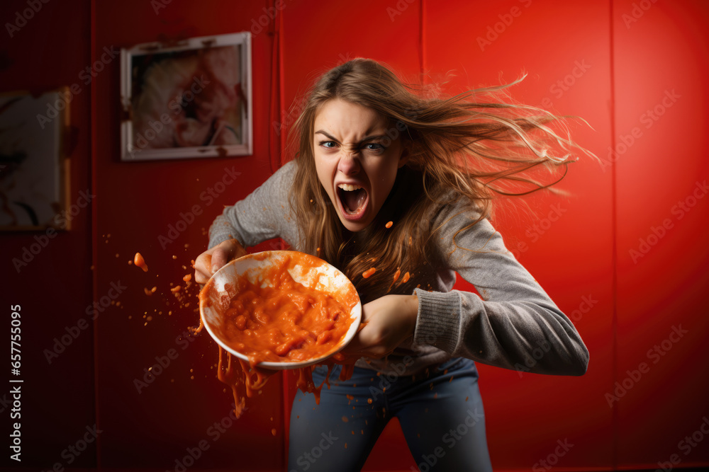 Angry young teenage climate activist girl throwing a plate full of red
