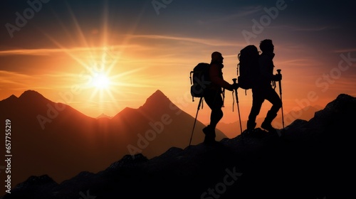 Two people with backpacks are walking to the top of a huge mountain, accompanied by the strong sun. Copy space.