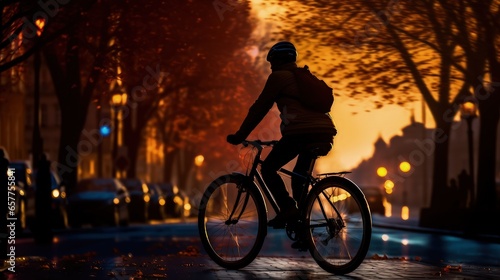 A person wearing a helmet and a backpack riding a bicycle on a picturesque empty city street during the golden hour. © Artur48