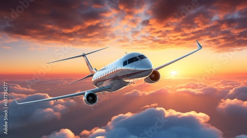 Small private jet flying in the blue sky with clouds at sunset, concept: luxury and wealth, 16:9, copy space