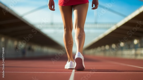 Close up of female legs in shoes standing on the running track  concept  fitness  copy space  16 9