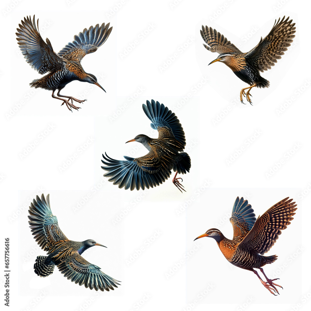 A set of flying Clapper Rails isolated on a white background A set of flying Clapper Rails isolated on a white background