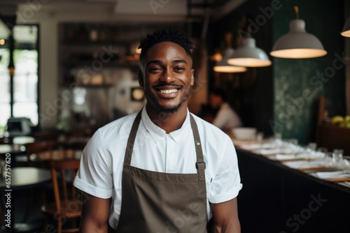 Portrait of a young waiter posing in the restaurant