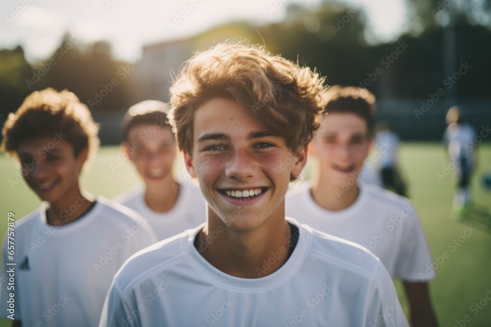 Portrait of a young male football player posing on a football pitch