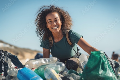 Portrait of a young female environmentalist cleaning the beach © Geber86