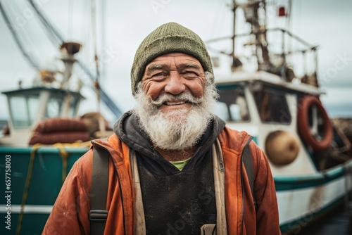 Valokuvatapetti Portrait of a senior fisherman at the harbor