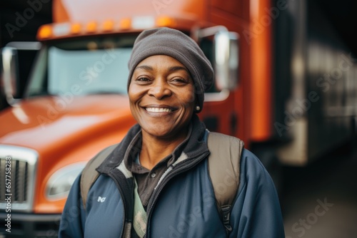 Portrait of a young female truck driver posing in front of her truck in the parking lot