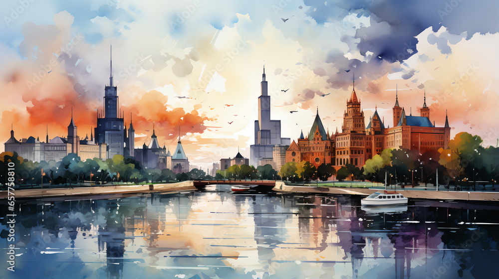 a watercolor big city skyline a watercolor big city skyline