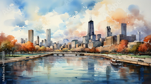 a watercolor big city skyline
