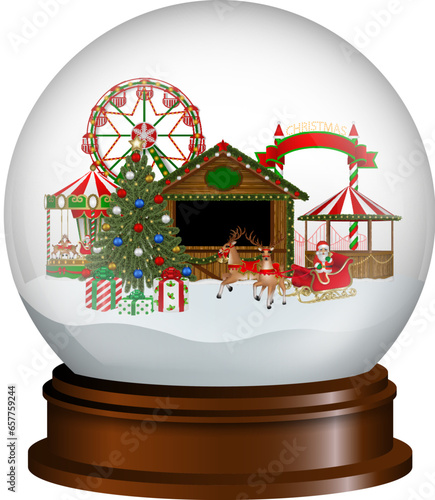 christmas snow globe  with amusement park and market stall
