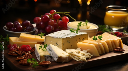 various types of cheese in wooden box on white wooden table, top view