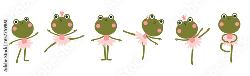 Frogs ballerinas set. Vector illustration of cute characters in ballet tutus in different poses dancing ballet. The hand-drawn cartoon in a limited palette is ideal for baby textiles and clothing.