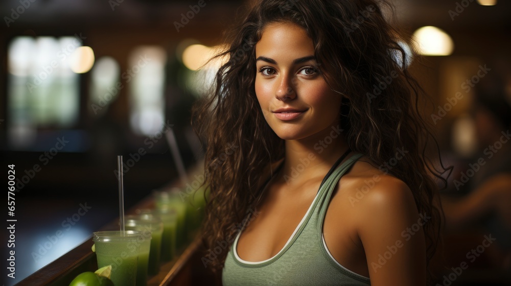 Fit Girl Athlete Enjoying a Green Smoothie, Post, Workout, Healthy Lifestyle and Recovery, AI-Generated