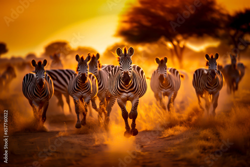 A herd of zebra running across a dirt road