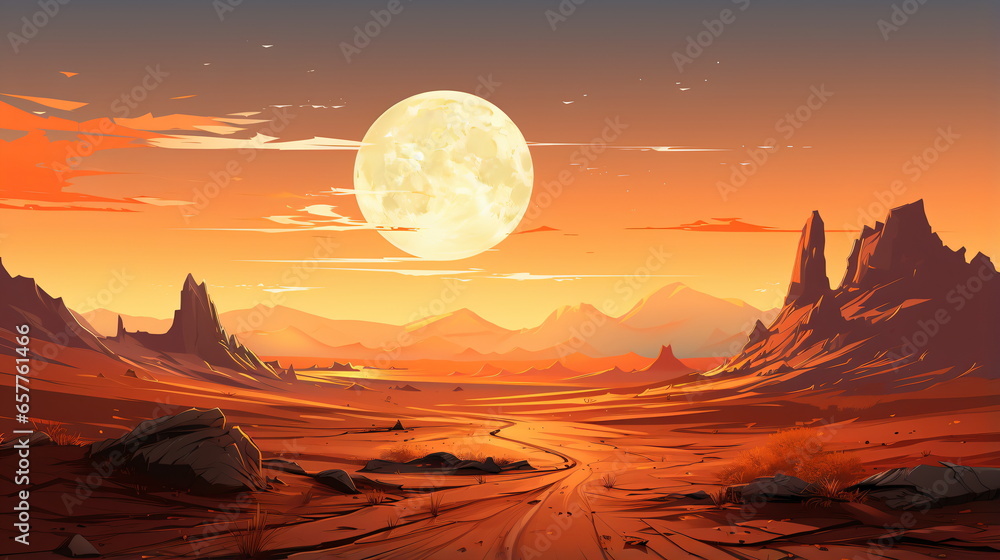 Sunset in the wilderness. Sunrise over the desert. Starry sky over the sand. Red desert.