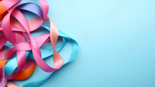 Colorful ribbons on light blue background, World Cancer Day. Generative Ai