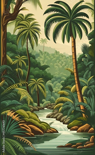 Jungle landscape with river and palms. Interior print mural, Generative AI 