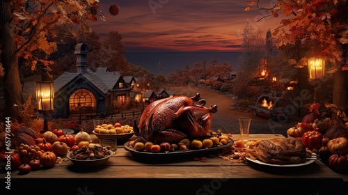 Thanksgiving day concept with roasted turkey and autumn decoration on wooden table. ai generative
