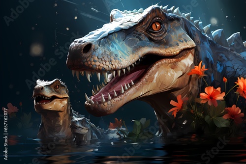 A illustration of a t-rex dinosaur and its baby in the water
