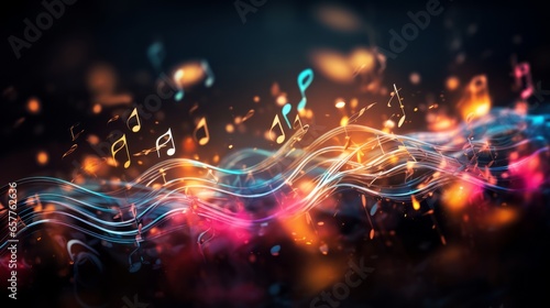 "Capturing the essence of music, this vibrant image showcases musical notes in graceful flight, emerging from a sheet of notation. The dynamic movement of the notes evokes a symphony of sound! AI 