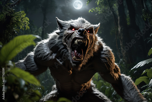 A Werewolf in the dark forest with full moon background. AI Generated. photo