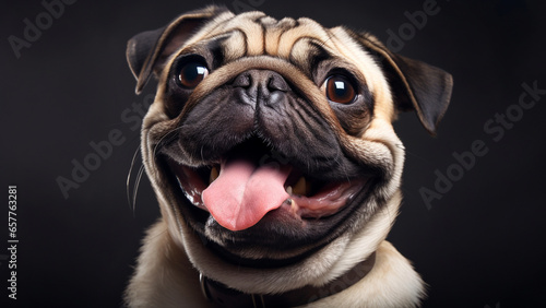 Close-up shot of smiling Pug on the black backdrop background