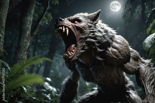 A Werewolf in the dark forest with full moon background. AI Generated.