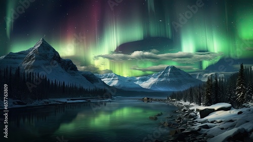 Aurora borealis in the night sky over mountain lake, ai generative  © mariof