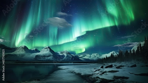 Aurora borealis, northern lights in the night sky over mountain lake, ai generative