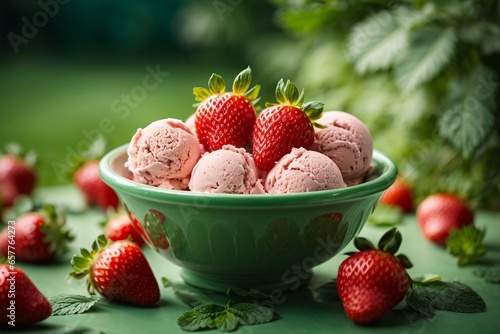 freshly picked strawberries ice cream on green outdoor background. Generative Ai.