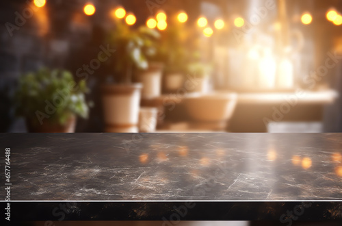 Empty black stone tabletop counter on modern blurred kitchen background