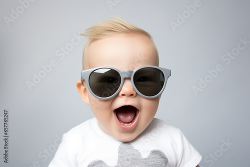 Tiny Trendsetter  Surprised Baby Boy Stylishly Posing in Cool Sunglasses with Innocence and Wonder