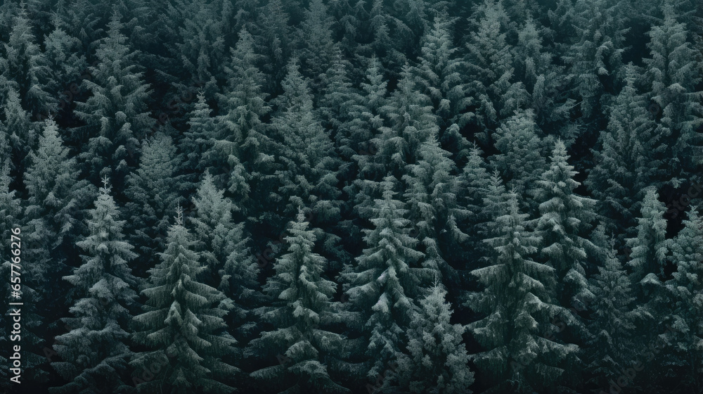 Background of evergreen trees in the forest in winter
