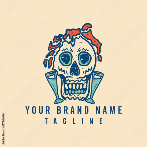 Vector t shirt art with skull, wineglass ,Print, poster, cover, sticker, card. Scary illustration for horror festival, party invitation, Halloween design