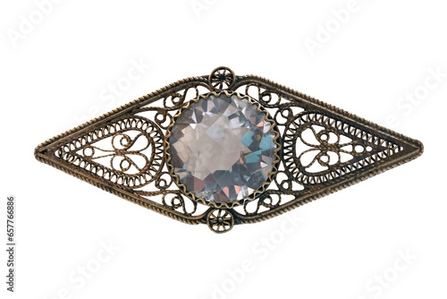 Fototapet vintage silver filigree brooch with quartz made in USSR 1954 isolated on transpa