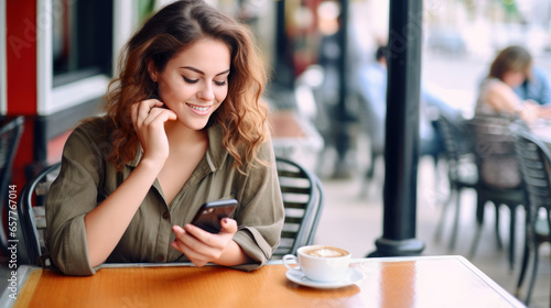 jeune femme souriante en train de consulter son smartphone à la terrasse d'un café en attendant son rendez-vous amoureux