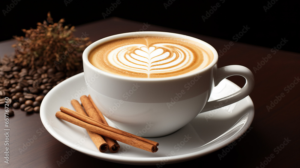 latte art in a cup of coffee with cinnamon sticks created with Generative AI technology latte art in a cup of coffee with cinnamon sticks created with Generative AI technology