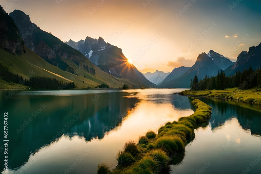 beautiful view of sunset over the mountain with stream