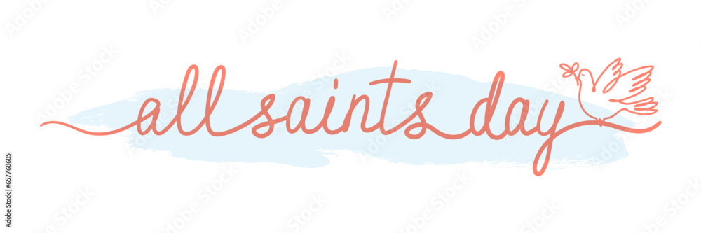 All Saints’ Day greeting lettering on white. All Hallows' Day. Solemnity of All Saints. Line art text with dove, vector. - obrazy, fototapety, plakaty 