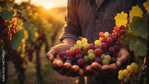 Fresh bunch of grapes in the hands of a vineyard farmer with vineyard background and sunset. ai generative