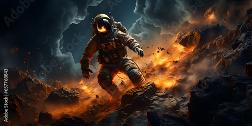 Spaceman or astronaut walking on the Mars.
