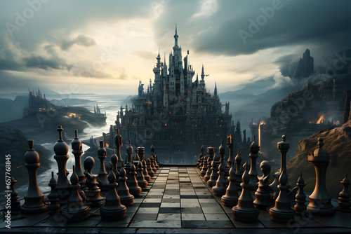 Ancient chess pieces on chessboard. Fantastic battlefield photo