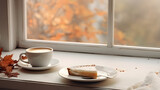 Fresh pumpkin pie and a cup of coffee near window at autumn season