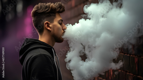 Cloudy smoke coming out of the mouth of a smoker. Concept of heavy smoking, chain smoker or vaping. photo