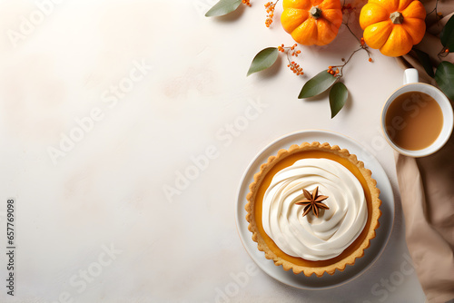 Top down view of fresh pumpkin pie and cup of coffee