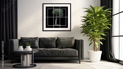 Black sofa with white wall and square frame with a plant, generated by AI
