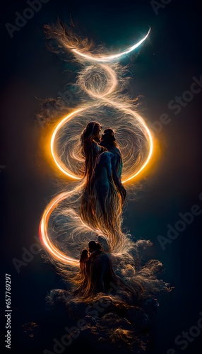 A beautiful man with a beard and a woman with beautiful flowing hair embrace under the sky A Pentacle of energy is in the sky with swirls of galatic energy flowing in and out of their hearts souls 