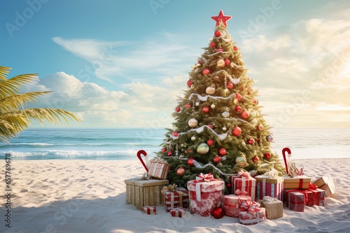A beautifully decorated Christmas tree in the middle of a sunny beach. Concept: Merry Christmas. A warm Christmas due to climate change.