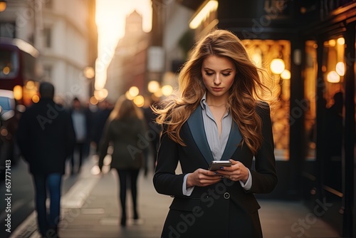 An elegant white businesswoman dressed in a suit using her mobile phone on a city street. Concept: Do business anywhere. Women empowerment. photo