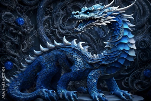 Generate an image of an intricately carved dragon sculpture made entirely of shimmering sapphires photo